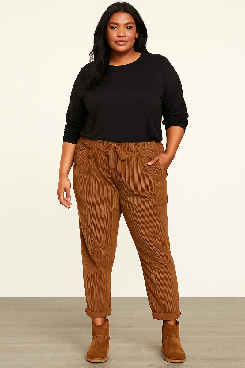 03112025-001 Pantalon en velours côtelé coupe détente avec lien à la taille – Image 1