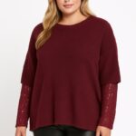 Pull grande taille bordeaux à manches dentelle – Élégance chic et moderne