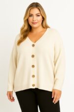 Gilet grande taille écru à boutons dorés – Élégance douce et intemporelle