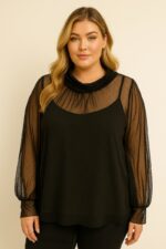Blouse noire transparente à strass discrets – Élégance subtile grande taille – Image 2