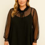 Blouse noire transparente à strass discrets – Élégance subtile grande taille