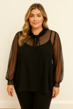 Blouse noire transparente à strass discrets – Élégance subtile grande taille