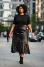 Jupe satinée  avec dentelle asymétrique – Collection Grande Taille