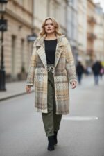Manteau grande taille à carreaux beige et brun – Chaleur et élégance d’hiver